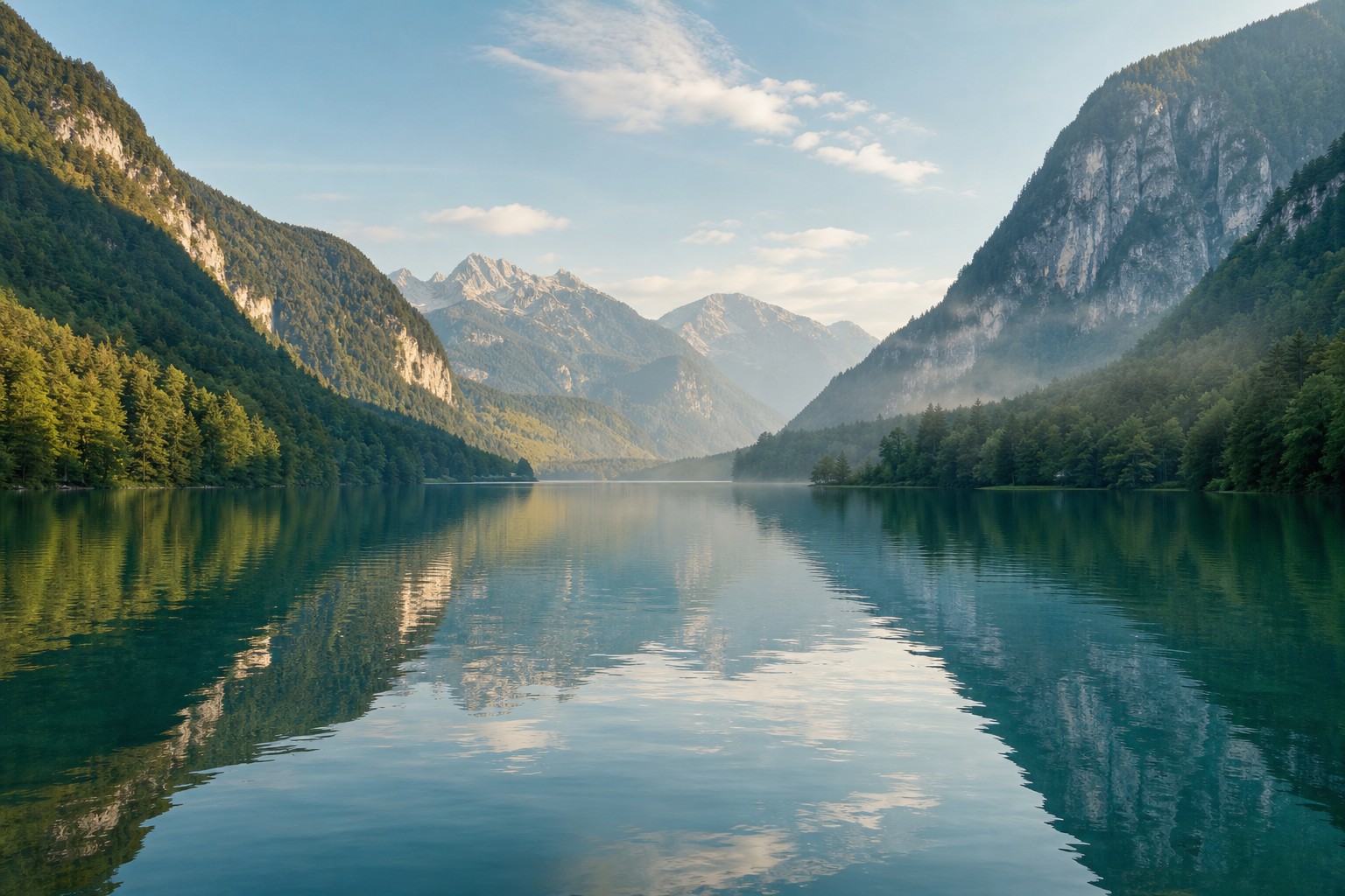 Ruhiger See in bayrischer Hügellandschaft mit silbrigem Morgenlicht