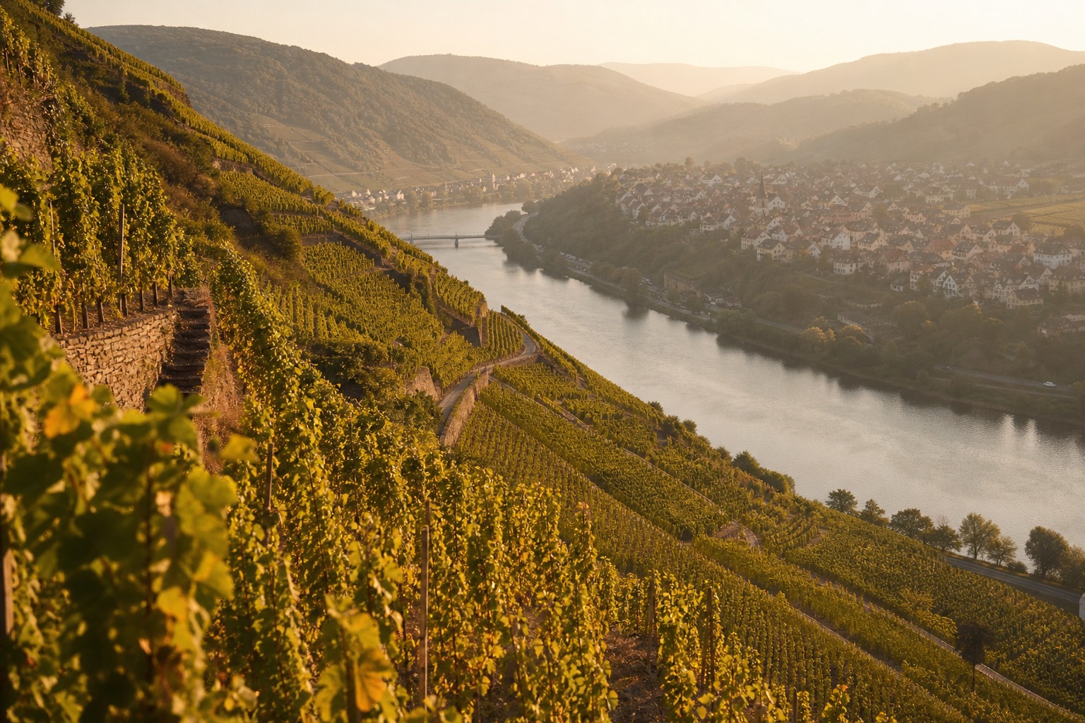 Steile Weinbergsterrassen an der Mosel mit Flussbogen