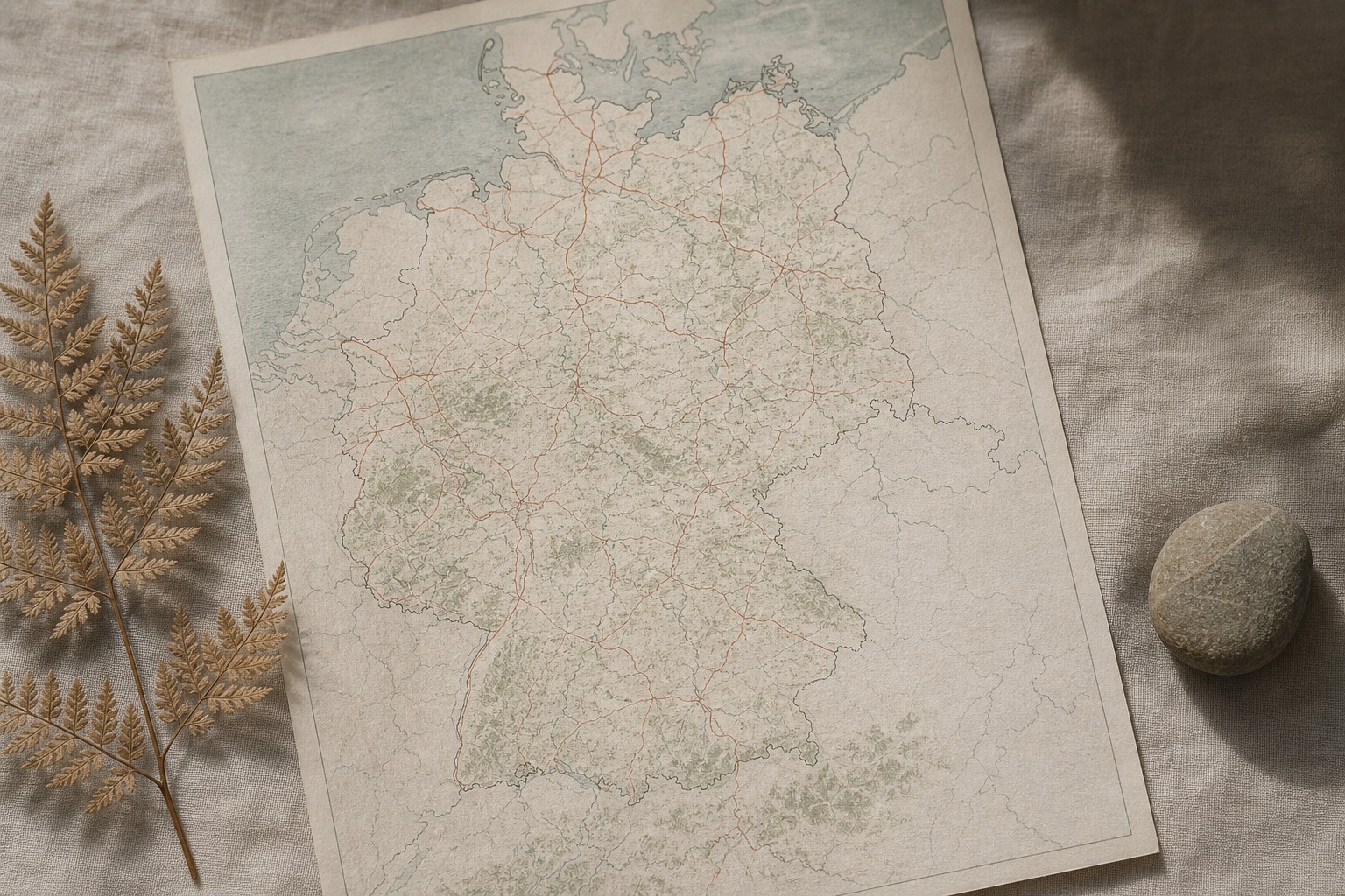 Editorial-Aufnahme einer Karte Deutschlands mit markierten Routenlinien